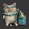 Decorative Ornament Set With Pig Figurine Silver Headpiece Blue Bead Necklace And Blue Decorative Box