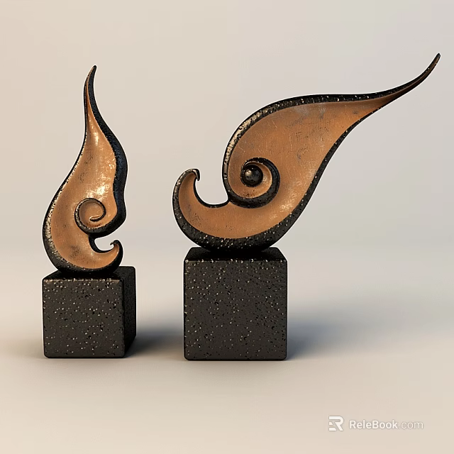 Copper And Black Metal Decorative Ornament Set With Curved Spiral Design And Cube Base 3d model 