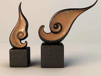 Copper And Black Metal Decorative Ornament Set With Curved Spiral Design And Cube Base 3d model
