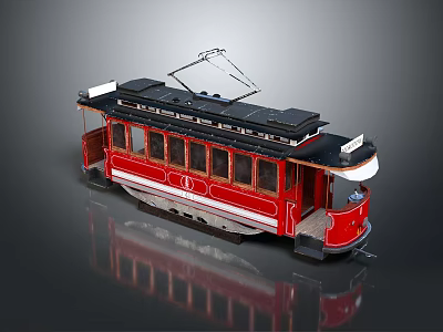 Vintage Red Tram With Black Roof And Long Windows Design 3d model