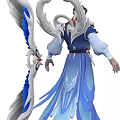 Game Character In Traditional Blue White Outfit With Patterns And Weapon
