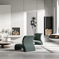 Modern Living Room Interior With Curved Sofa Light Green Armchairs Fireplace And Wooden Accents