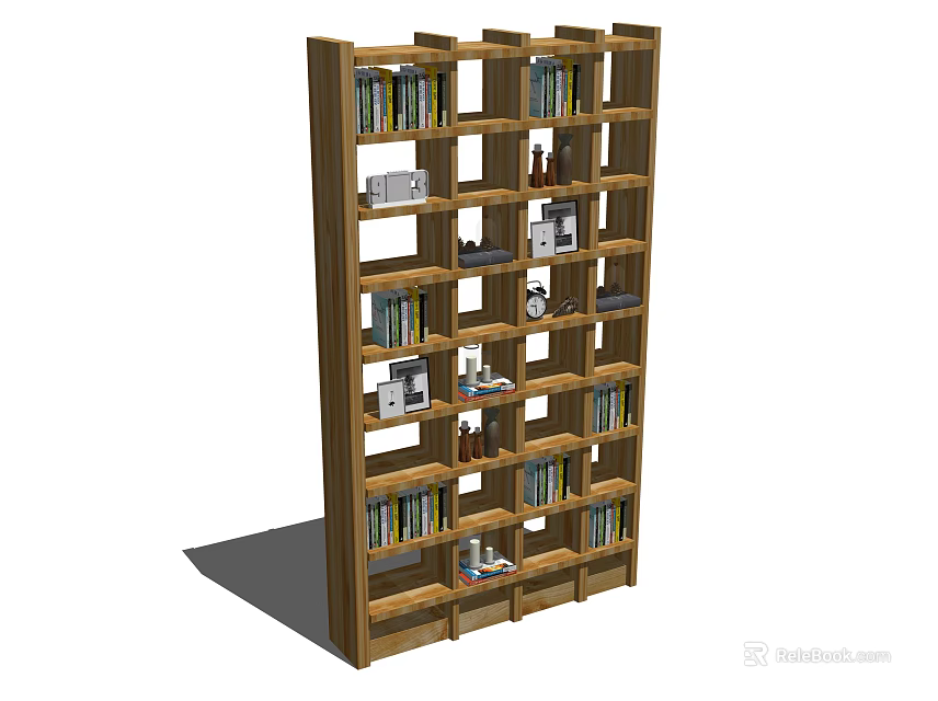 Wooden Bookshelf with Multiple Shelves Filled with Books and Decorative Items 3d model 