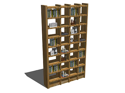 Wooden Bookshelf with Multiple Shelves Filled with Books and Decorative Items 3d model