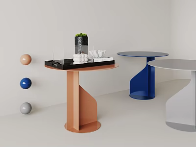 Modern Side Tables with Copper Base Black Top Blue White Designs and Colorful Spheres Decor 3d model