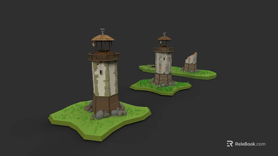 Garden Landscape Featuring Lighthouse Models with Green Grass and Various Conditions on Grass Bases 3d model 