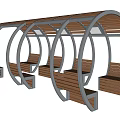 Outdoor Pergola with Curved Metal Frame and Wooden Benches for Garden Rest Area Structure