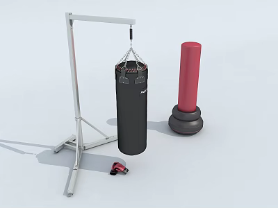 Sports Equipment with Tripod Boxing Stand Black Punching Bag Red Standing Bag and Gloves 3d model