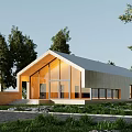 Modern Wooden House Exterior With Large Glass Windows Green Trees And Lawn
