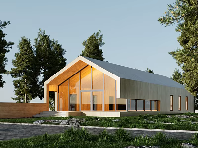 Modern Wooden House Exterior With Large Glass Windows Green Trees And Lawn 3d model