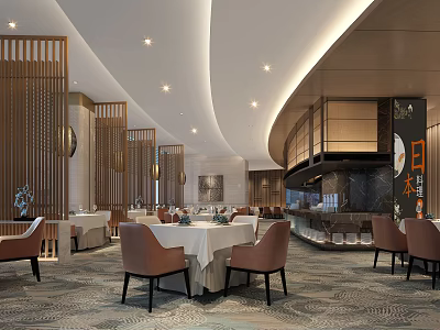 Elegant Japanese Restaurant With Wooden Screens White Tablecloths Brown Chairs Curved Ceiling And Soft Lighting 3d model
