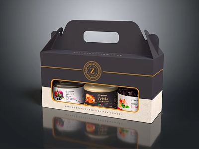 Elegant Dark Gift Box With Handle Holding Assorted Preserve Jars And Decorative Logo 3d model