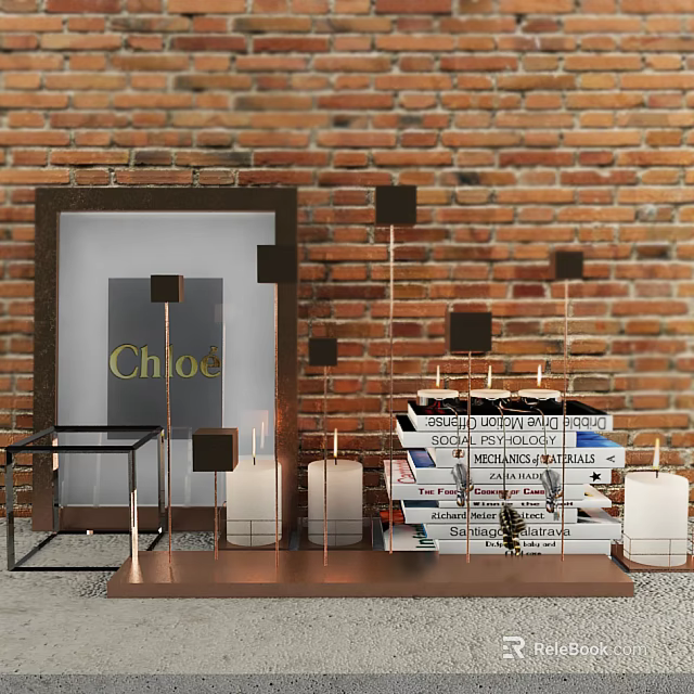 Decorative Ornament Set With Frame Chloé Text Black Squares Candles Stacked Books On Brick Wall 3d model 