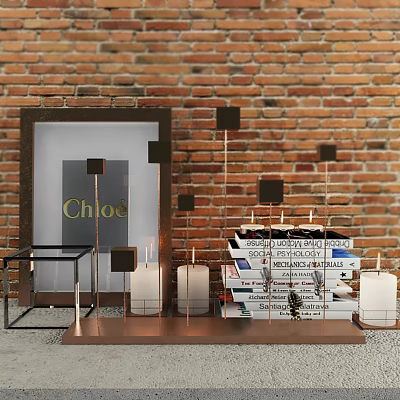 Decorative Ornament Set With Frame Chloé Text Black Squares Candles Stacked Books On Brick Wall 3d model