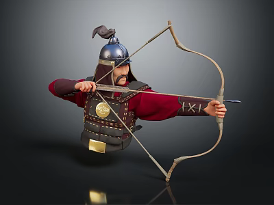 Game Movie Character Archer in Blue Helmet and Red Robe Drawing Longbow with Metal Armor 3d model