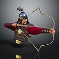 Game Movie Character Archer in Blue Helmet and Red Robe Drawing Longbow with Metal Armor