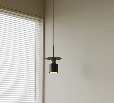 Minimalist Modern Pendant Light Hanging By Window With White Blinds And Light Wall 3d model