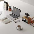 Laptop On Workspace With Open Book Coffee Cup Camera Headphones And Smartphone