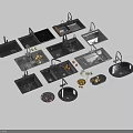 Various Styles of Black Kitchen Sinks with Faucets and Fresh Fruits Vegetables