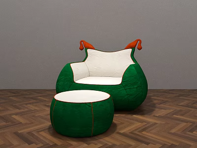 Green Armchair With White Cushion Orange Armrests And Matching Ottoman On Herringbone Wooden Floor 3d model