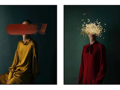 Abstract Portrait Paintings with Red Brush Stroke Golden Particles and Colored Clothing on Dark Background 3d model