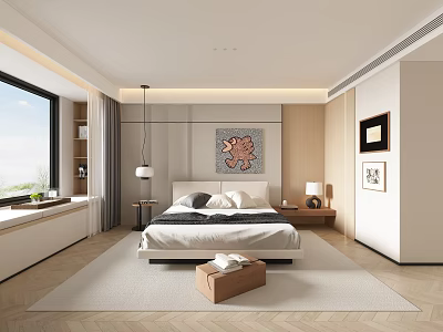 Modern Minimalist Bedroom Interior With Comfortable Bedside Tables Table Lamps Decorative Painting And Area Rug 3d model