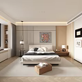 Modern Minimalist Bedroom Interior With Comfortable Bedside Tables Table Lamps Decorative Painting And Area Rug