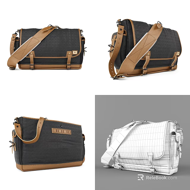 Stylish Black Bag With Brown Leather Strap And Structured Design Details 3d model