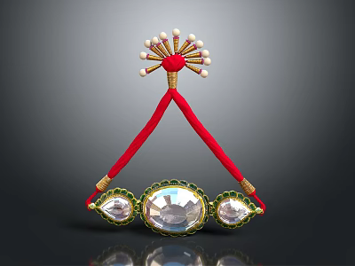 Traditional Headpiece with Red Ribbons Top Pearl Ornament Central Large Gemstone and Side Small Gemstones 3d model