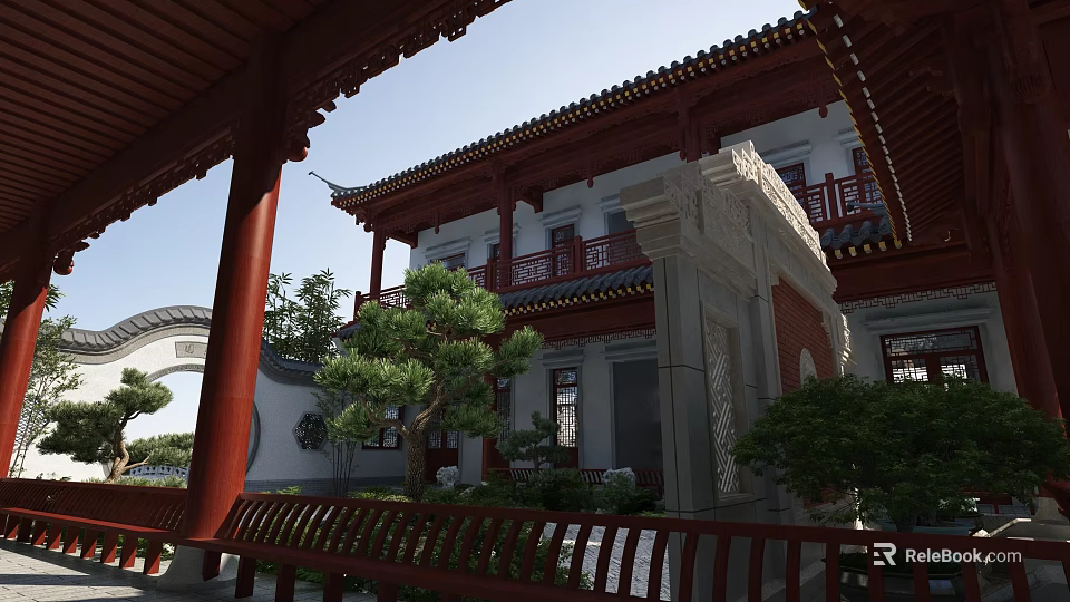Traditional Chinese Ancient Architecture Featuring Red Pillars Carved Eaves and Courtyard Trees 3d model 