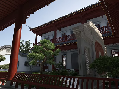 Traditional Chinese Ancient Architecture Featuring Red Pillars Carved Eaves and Courtyard Trees 3d model