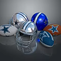 Silver And Blue Football Helmets With Star Logo And Brown Sports Balls