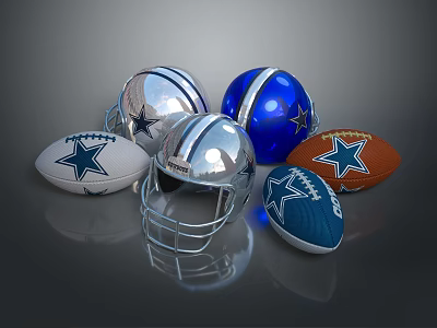 Silver And Blue Football Helmets With Star Logo And Brown Sports Balls 3d model
