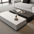 Modern Rectangular Black And White Coffee Table With Glass Sand Timer And Papers On Carpet 3d model