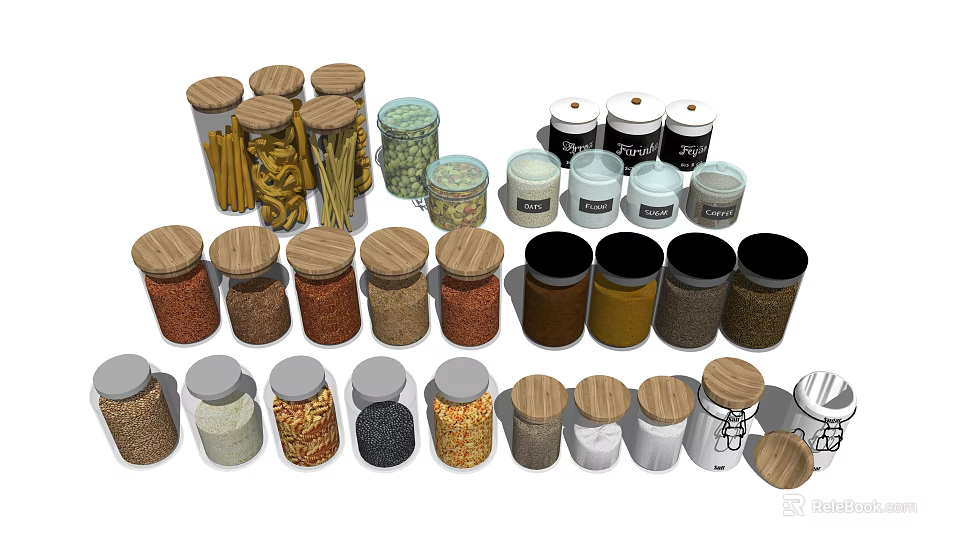 Assorted Jars With Lids Holding Various Ingredients Like Beans And Spices In Different Colors And Materials 3d model 