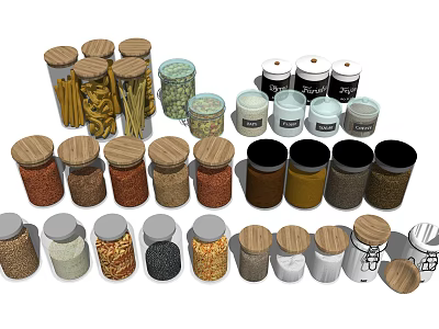Assorted Jars With Lids Holding Various Ingredients Like Beans And Spices In Different Colors And Materials 3d model