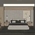 Modern Bedroom Interior With Gray Fabric Walls Wooden Trim Pendant Lamps Rug And Green Plant
