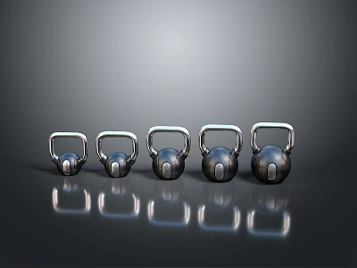 Five Shiny Metal Kettlebells With Reflective Surfaces On Gray Background 3d model