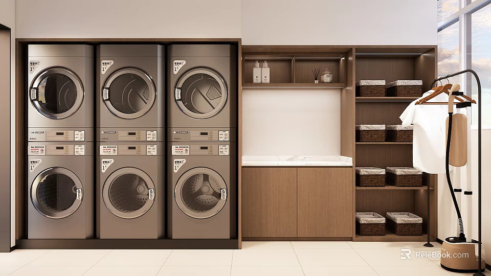 Hotel Public Laundry Area With Washing Machines Dryers Wooden Shelves And Baskets 3d model 