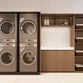 Hotel Public Laundry Area With Washing Machines Dryers Wooden Shelves And Baskets