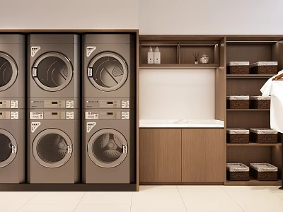 Hotel Public Laundry Area With Washing Machines Dryers Wooden Shelves And Baskets 3d model