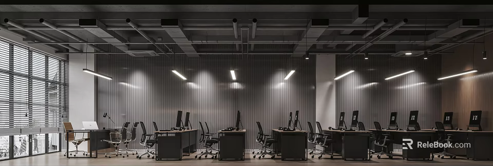 Modern Public Office Space With Workstations Computers Desks And Strip Lights 3d model 