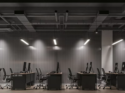 Modern Public Office Space With Workstations Computers Desks And Strip Lights 3d model