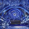 Luxurious Restaurant Interior With Blue Lighting Crystal Decor Circular Chandeliers Elephant Sculptures And Tiered Stage