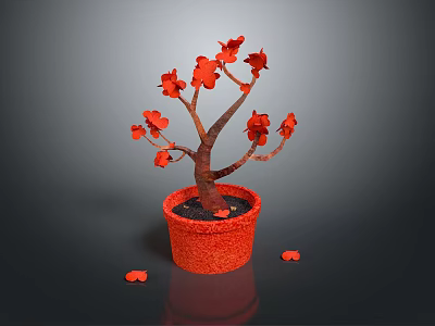 Potted Plant With Red Flowers Brown Trunk Red Textured Pot And Scattered Red Petals 3d model