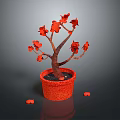 Potted Plant With Red Flowers Brown Trunk Red Textured Pot And Scattered Red Petals