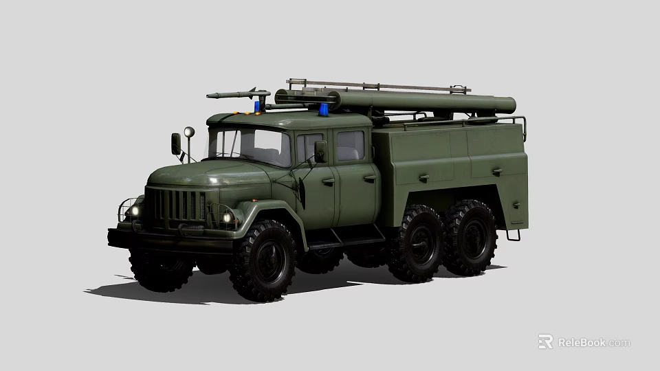 Green Military 6x6 Truck With Roof Mounted Equipment And Blue Warning Lights 3d model 