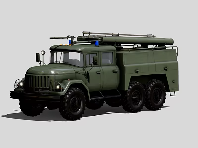 Green Military 6x6 Truck With Roof Mounted Equipment And Blue Warning Lights 3d model