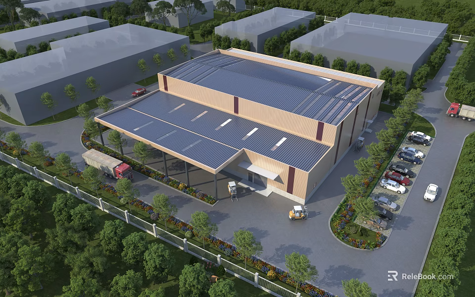 Modern Industrial Factory Building With Solar Panel Roof Green Landscaping Parking Lot And Parked Cars 3d model 