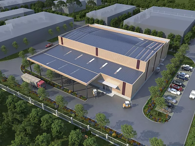 Modern Industrial Factory Building With Solar Panel Roof Green Landscaping Parking Lot And Parked Cars 3d model